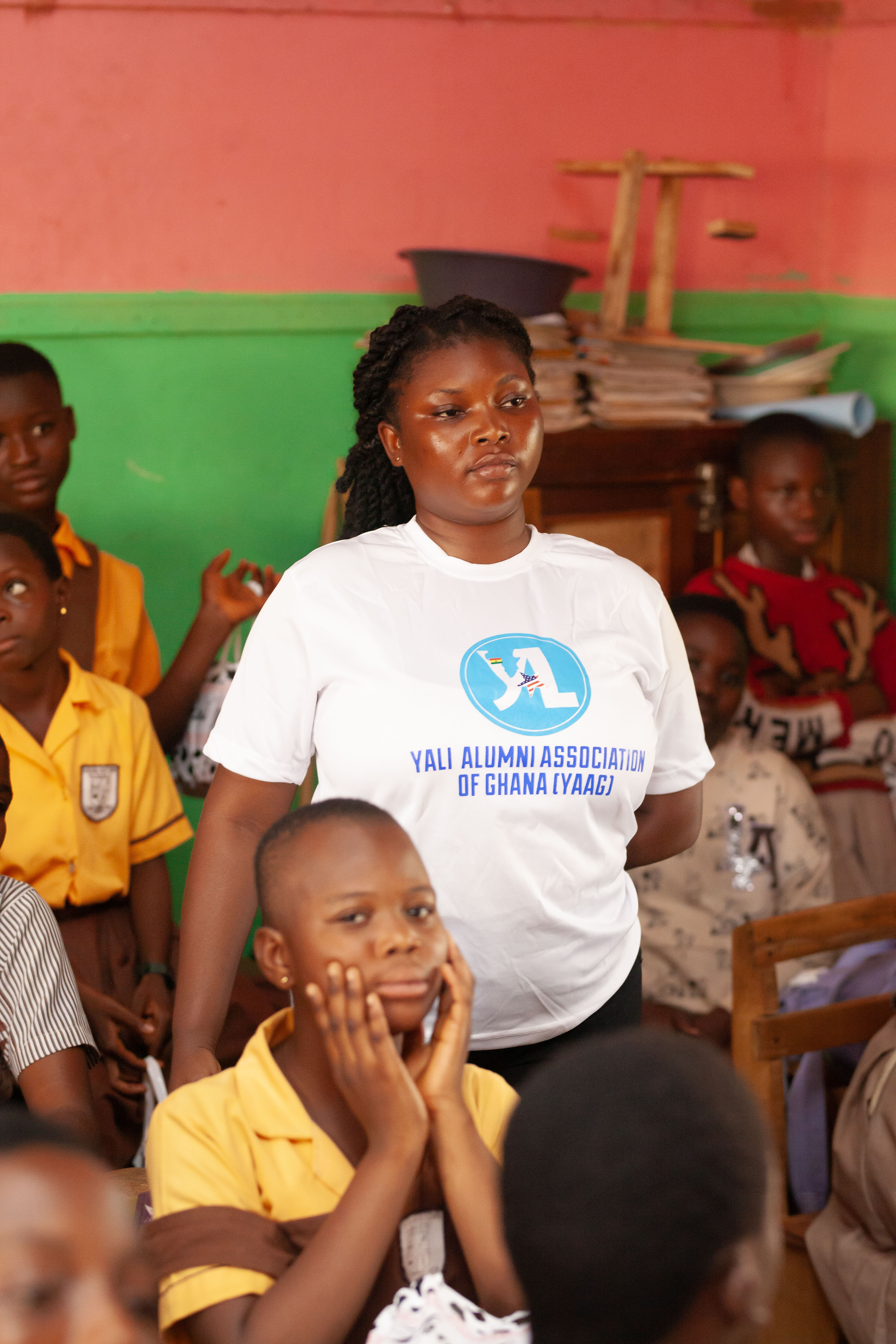 A YAAG volunteer listens during a student engagement session.